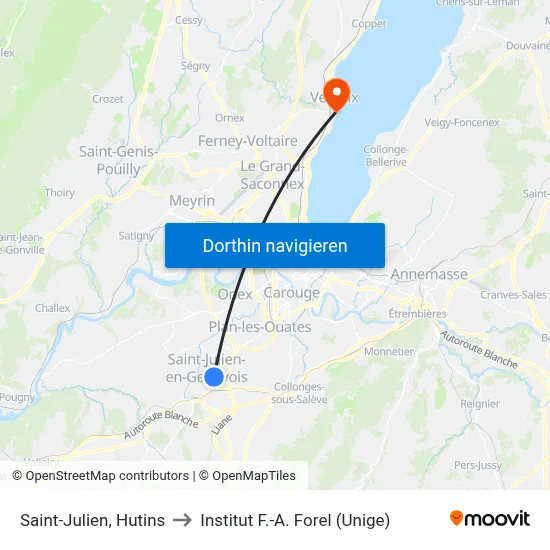 Saint-Julien, Hutins to Institut F.-A. Forel (Unige) map
