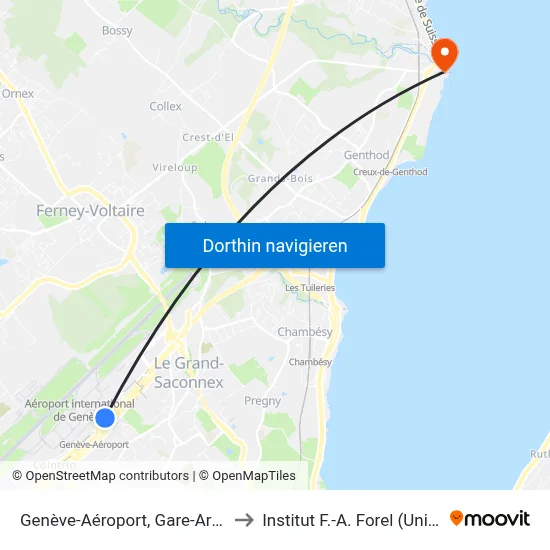 Genève-Aéroport, Gare-Arena to Institut F.-A. Forel (Unige) map
