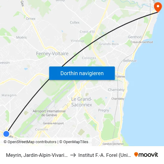 Meyrin, Jardin-Alpin-Vivarium to Institut F.-A. Forel (Unige) map
