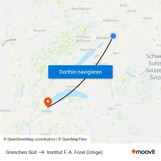 Grenchen Süd to Institut F.-A. Forel (Unige) map