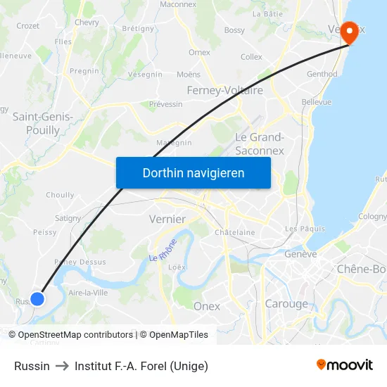 Russin to Institut F.-A. Forel (Unige) map