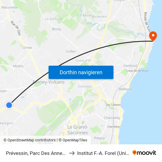 Prévessin, Parc Des Anneaux to Institut F.-A. Forel (Unige) map