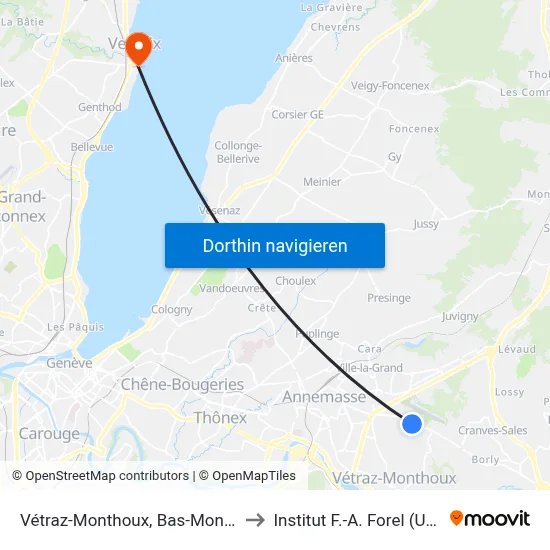 Vétraz-Monthoux, Bas-Monthoux to Institut F.-A. Forel (Unige) map