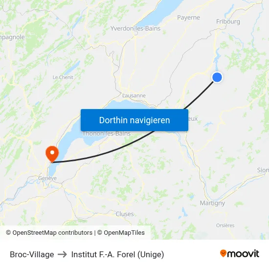 Broc-Village to Institut F.-A. Forel (Unige) map