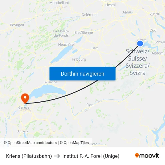 Kriens (Pilatusbahn) to Institut F.-A. Forel (Unige) map
