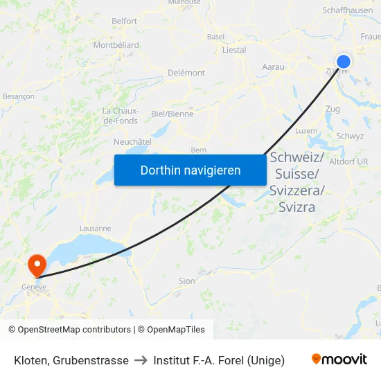 Kloten, Grubenstrasse to Institut F.-A. Forel (Unige) map