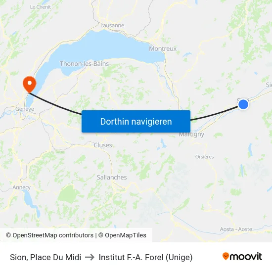 Sion, Place Du Midi to Institut F.-A. Forel (Unige) map