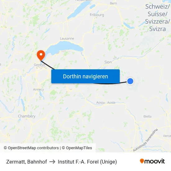 Zermatt, Bahnhof to Institut F.-A. Forel (Unige) map