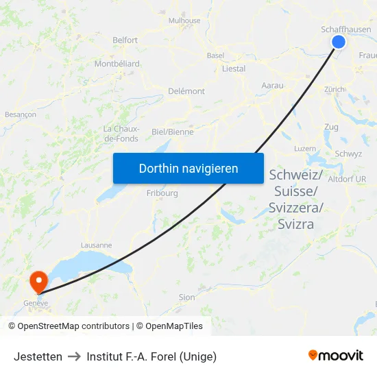 Jestetten to Institut F.-A. Forel (Unige) map