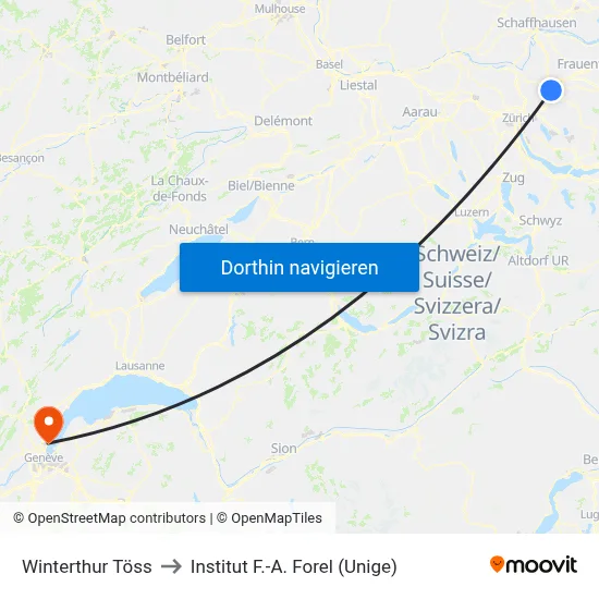 Winterthur Töss to Institut F.-A. Forel (Unige) map