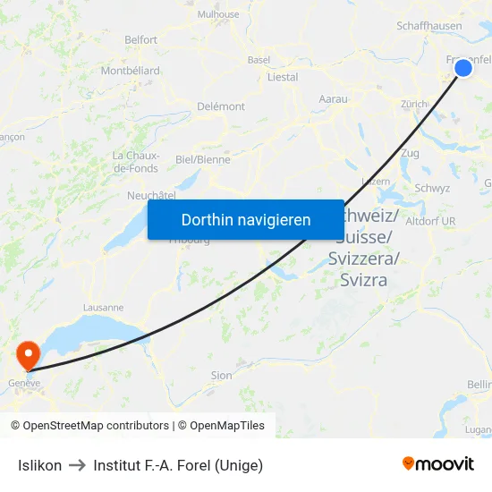 Islikon to Institut F.-A. Forel (Unige) map