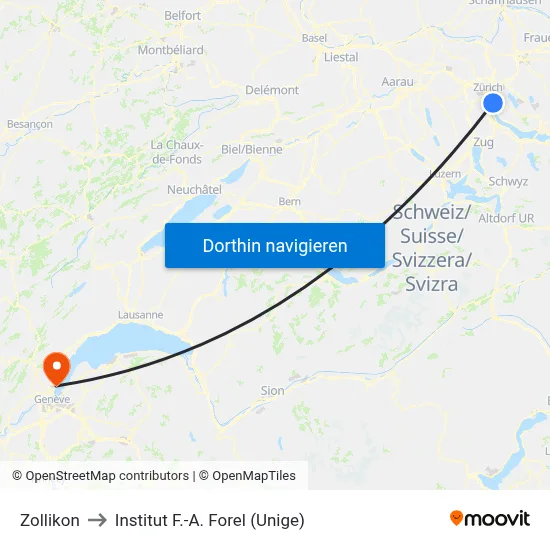 Zollikon to Institut F.-A. Forel (Unige) map