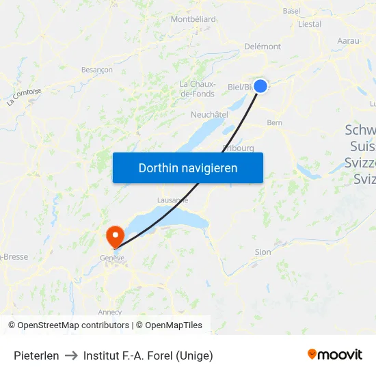 Pieterlen to Institut F.-A. Forel (Unige) map