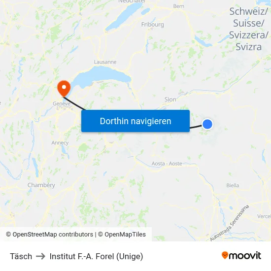 Täsch to Institut F.-A. Forel (Unige) map