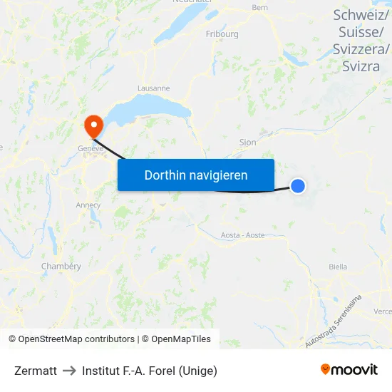 Zermatt to Institut F.-A. Forel (Unige) map