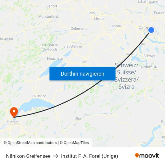 Nänikon-Greifensee to Institut F.-A. Forel (Unige) map