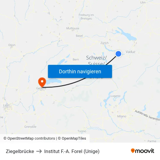 Ziegelbrücke to Institut F.-A. Forel (Unige) map