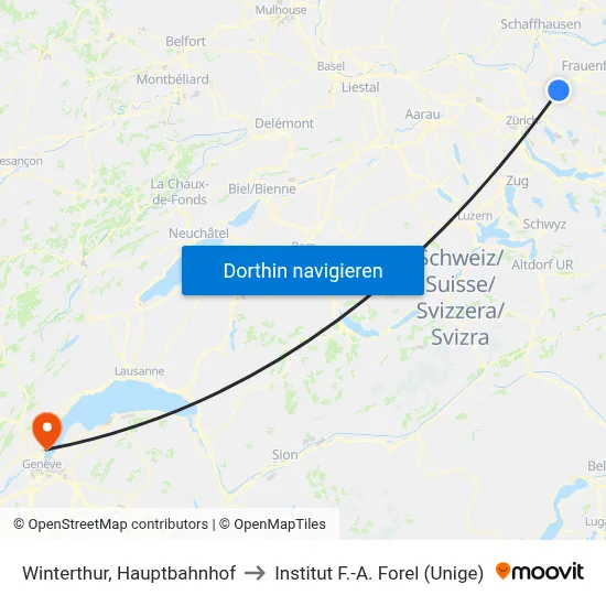 Winterthur, Hauptbahnhof to Institut F.-A. Forel (Unige) map
