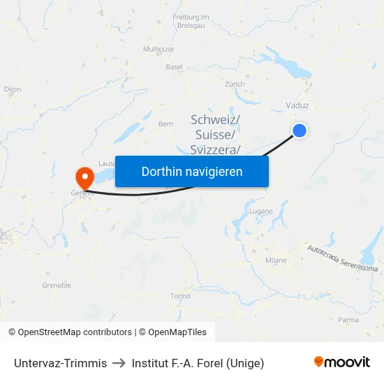 Untervaz-Trimmis to Institut F.-A. Forel (Unige) map