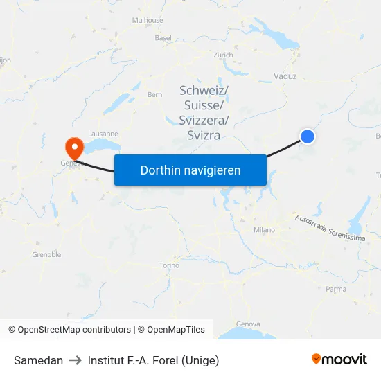Samedan to Institut F.-A. Forel (Unige) map
