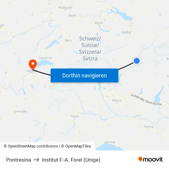Pontresina to Institut F.-A. Forel (Unige) map