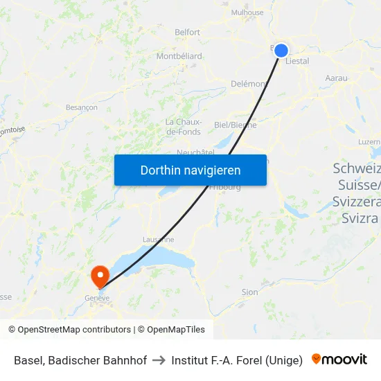 Basel, Badischer Bahnhof to Institut F.-A. Forel (Unige) map