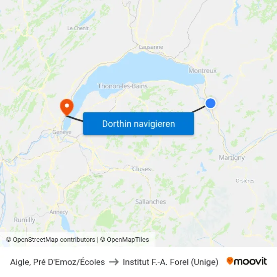 Aigle, Pré D'Emoz/Écoles to Institut F.-A. Forel (Unige) map