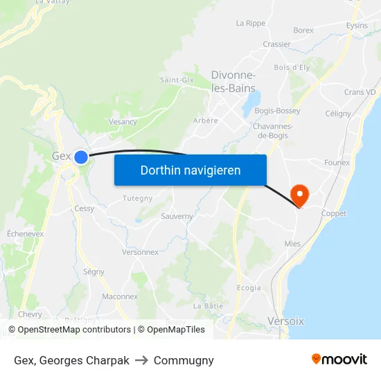 Gex, Georges Charpak to Commugny map