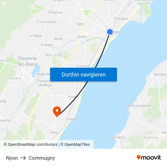 Nyon to Commugny map