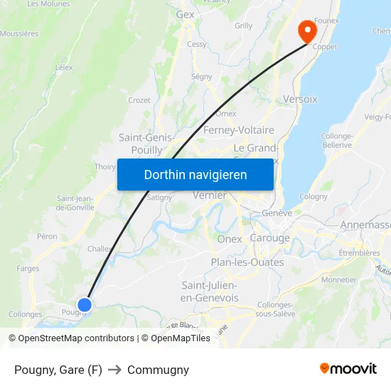 Pougny, Gare (F) to Commugny map