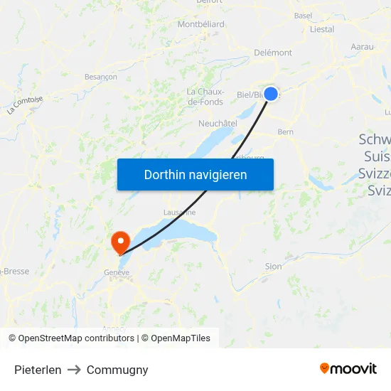 Pieterlen to Commugny map