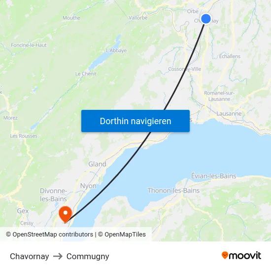 Chavornay to Commugny map