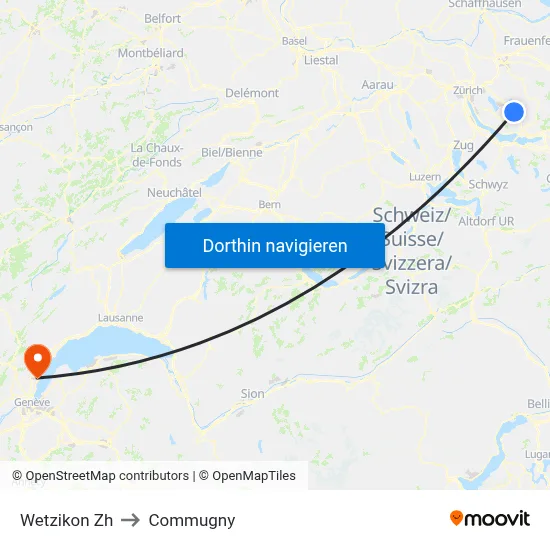 Wetzikon Zh to Commugny map