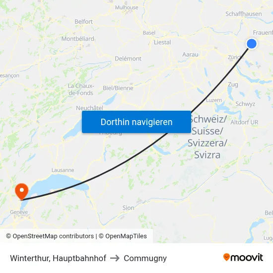 Winterthur, Hauptbahnhof to Commugny map