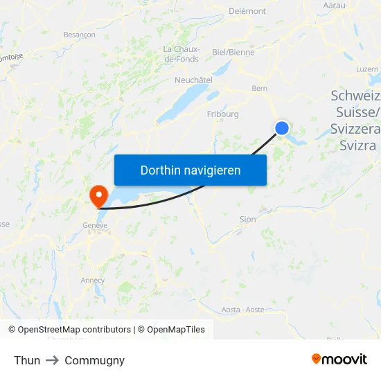 Thun to Commugny map