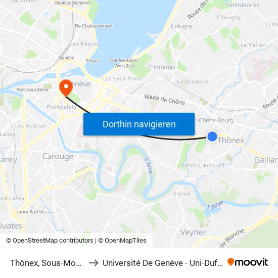 Thônex, Sous-Moulin to Université De Genève - Uni-Dufour map