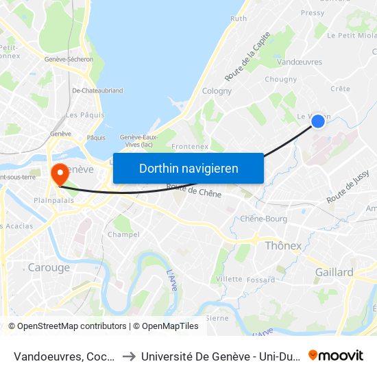 Vandoeuvres, Cocuaz to Université De Genève - Uni-Dufour map