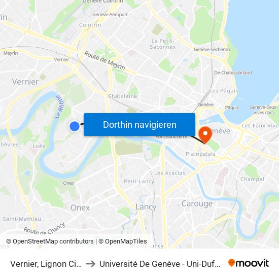Vernier, Lignon Cité to Université De Genève - Uni-Dufour map