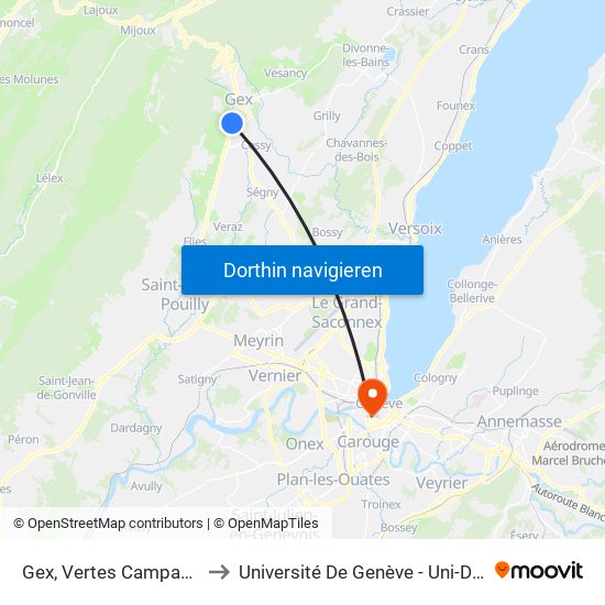 Gex, Vertes Campagnes to Université De Genève - Uni-Dufour map