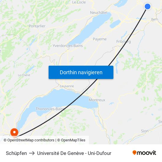 Schüpfen to Université De Genève - Uni-Dufour map