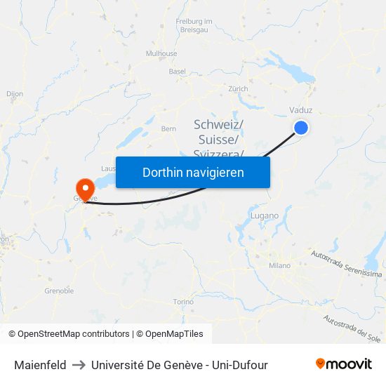 Maienfeld to Université De Genève - Uni-Dufour map