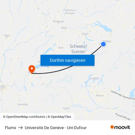 Flums to Université De Genève - Uni-Dufour map