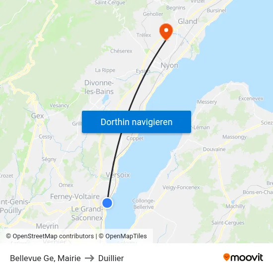 Bellevue Ge, Mairie to Duillier map