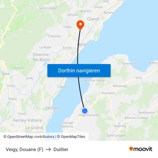 Veigy, Douane (F) to Duillier map