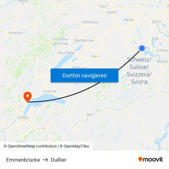 Emmenbrücke to Duillier map
