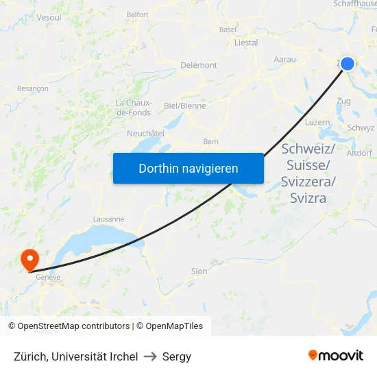 Zürich, Universität Irchel to Sergy map