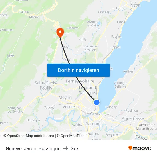 Genève, Jardin Botanique to Gex map