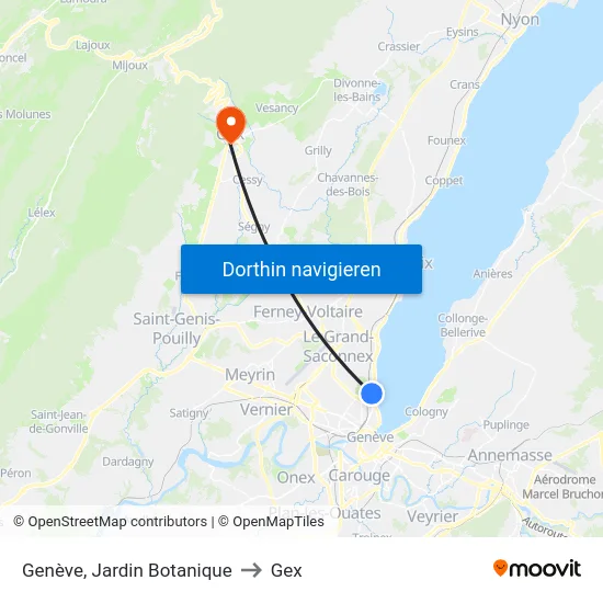 Genève, Jardin Botanique to Gex map