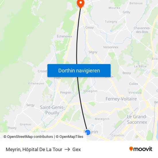 Meyrin, Hôpital De La Tour to Gex map