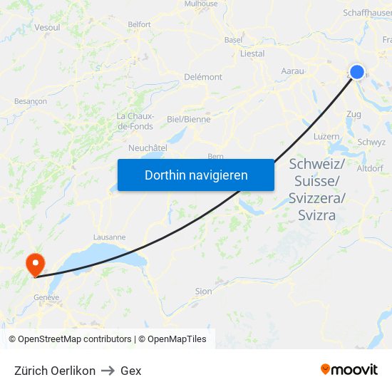 Zürich Oerlikon to Gex map